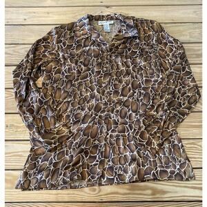 Karen Arnold Patterned Long Sleeve 100% Silk Button Up Shirt Small Women’s Brown